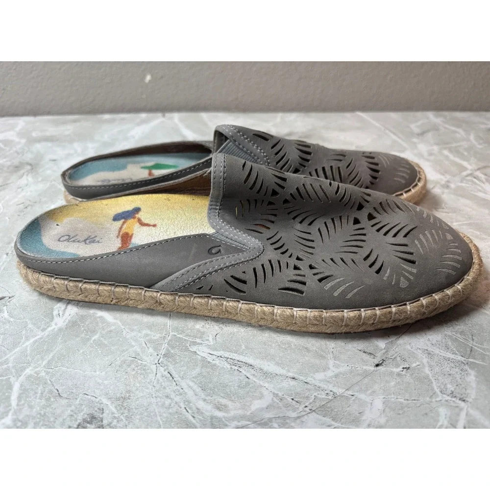 OluKai Kaula Olui Grey Leather‎ Laser Cut Espadrille Mules Slip On Shoes US 8